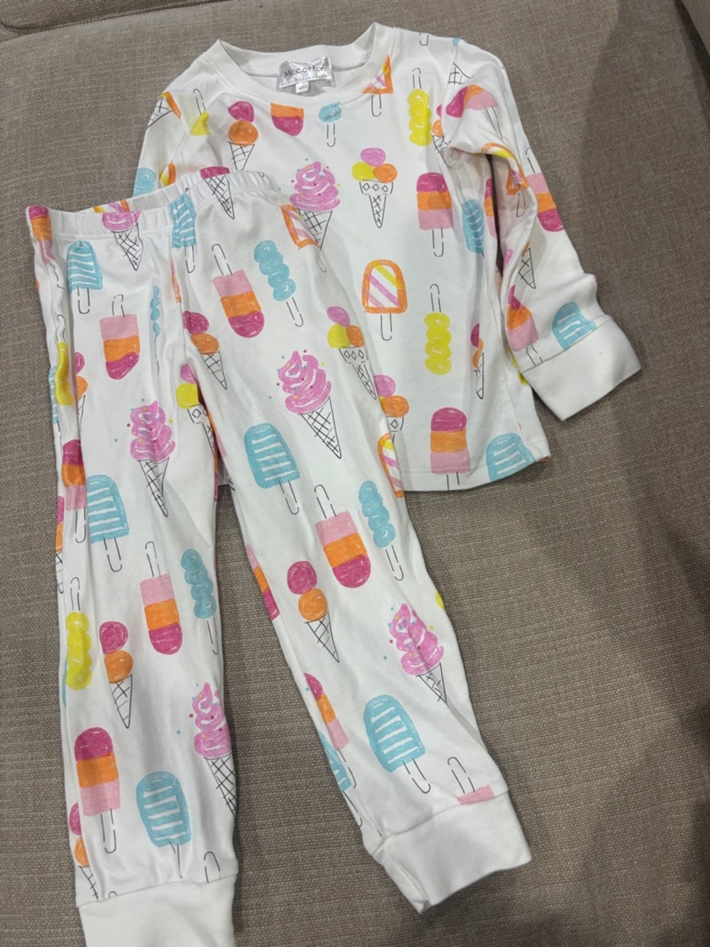 Kids Ice Cream Print Pajama Set - White with Pink, Blue & Yellow